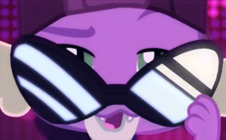 Size: 1165x720 | Tagged: safe, screencap, character:spike, character:spike (dog), species:dog, episode:i'm on a yacht, g4, my little pony:equestria girls, cap, close-up, clothing, glasses, hat, male, neon eg logo, paws, rapper spike, sunglasses