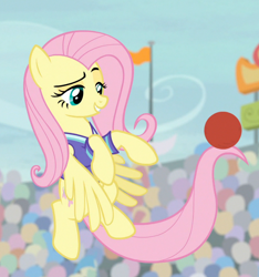 Size: 724x773 | Tagged: safe, screencap, character:fluttershy, species:pegasus, species:pony, episode:common ground, g4, my little pony: friendship is magic, ball, clothing, cropped, female, flying, jersey, lidded eyes, mare, prehensile tail, raised eyebrow, smugshy, solo