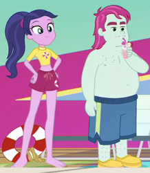 Size: 422x485 | Tagged: safe, screencap, episode:i'm on a yacht, g4, my little pony:equestria girls, background human, baewatch, bare chest, beach chair, belly button, cashier, clothing, cropped, cruise, drink, fat, female, legs, life savers, lifeguard, male, midriff, partial nudity, ponytail, rash guard, short shirt, straw, swimming pool, swimsuit, topless, unnamed human