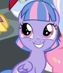 Size: 280x326 | Tagged: safe, screencap, character:clear sky, character:wind sprint, species:pegasus, species:pony, episode:common ground, g4, my little pony: friendship is magic, awww, cropped, cute, cuteness overload, female, filly, foal, happy, offscreen character, sitting, smiling, solo focus, sprintabetes