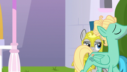 Size: 1920x1080 | Tagged: safe, screencap, character:windstorm, character:zephyr breeze, species:pegasus, species:pony, episode:sparkle's seven, g4, my little pony: friendship is magic, background pony, duo, eyes closed, female, guardsmare, helmet, male, mare, pegasus royal guard, royal guard, solemn canterlot marshal, stallion