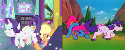 Size: 1853x738 | Tagged: safe, screencap, character:applejack, character:bowtie (g1), character:glory, character:rarity, episode:ail-icorn, g1, g4, comparison, eyes on the prize, roller skates