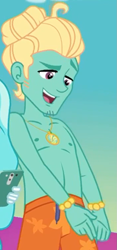 Size: 507x1080 | Tagged: safe, screencap, character:paisley, character:zephyr breeze, episode:i'm on a yacht, g4, my little pony:equestria girls, clothing, cropped, male, offscreen character, partial nudity, shorts, smiling, swimming trunks, topless, zephyr's necklace