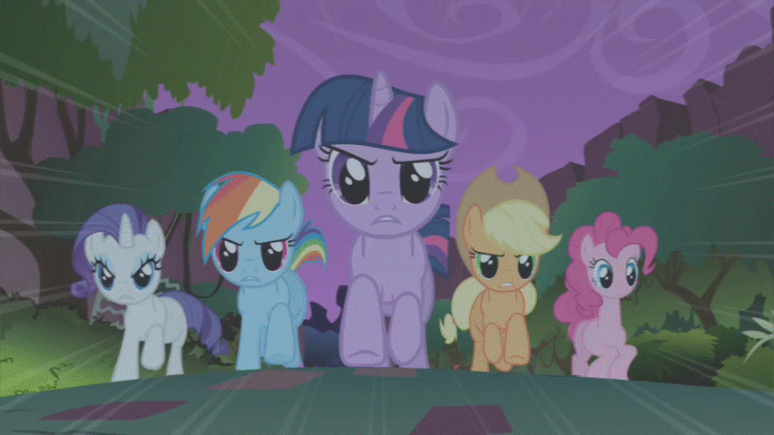 Size: 853x480 | Tagged: safe, screencap, character:applejack, character:pinkie pie, character:rainbow dash, character:rarity, character:twilight sparkle, character:twilight sparkle (unicorn), species:earth pony, species:pegasus, species:pony, species:unicorn, episode:friendship is magic, g4, my little pony: friendship is magic, animated, bouncing, epic, female, gif, glare, gritted teeth, mare, pronking, running, running at you, smiling