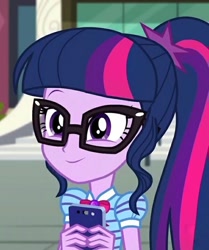 Size: 563x672 | Tagged: safe, screencap, character:twilight sparkle, character:twilight sparkle (scitwi), species:eqg human, episode:text support, g4, my little pony:equestria girls, bust, cropped, cute, female, phone, solo, twiabetes