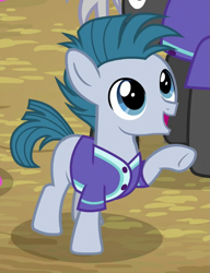 Size: 543x707 | Tagged: safe, screencap, character:little league, species:earth pony, species:pony, episode:common ground, g4, my little pony: friendship is magic, clothing, colt, cropped, male, offscreen character, smiling