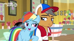Size: 1280x720 | Tagged: safe, screencap, character:quibble pants, character:rainbow dash, species:earth pony, species:pegasus, species:pony, episode:common ground, g4, my little pony: friendship is magic, ball, baseball cap, buckball museum, cap, clothing, duo, female, hat, lidded eyes, male, mare, nudge, scarf, shirt, stallion, trophy