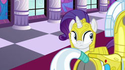 Size: 1920x1080 | Tagged: safe, screencap, character:rarity, species:pony, species:unicorn, episode:sparkle's seven, g4, my little pony: friendship is magic, armorarity, looking at something, plot, royal guard, royal guard armor, royal guard rarity, window