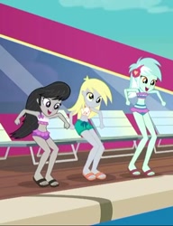 Size: 552x720 | Tagged: safe, screencap, character:derpy hooves, character:lyra heartstrings, character:octavia melody, episode:i'm on a yacht, g4, my little pony:equestria girls, belly button, bikini, clothing, feet, great moments in animation, midriff, sandals, swimsuit, tag implication bug was here