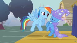 Size: 1920x1080 | Tagged: safe, screencap, character:rainbow dash, character:trixie, species:pony, episode:boast busters, g4, my little pony: friendship is magic, ei, hub logo