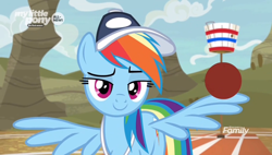 Size: 1898x1080 | Tagged: safe, screencap, character:rainbow dash, species:pegasus, species:pony, episode:common ground, g4, my little pony: friendship is magic, ball, cap, clothing, coach rainbow dash, female, hat, hooves, looking at you, mare, smiling, smirk, solo, spread wings, wingboner, wings