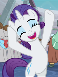 Size: 580x770 | Tagged: safe, screencap, character:rarity, character:yona, species:pony, species:unicorn, species:yak, episode:she's all yak, g4, my little pony: friendship is magic, background pony, bipedal, cloven hooves, cropped, cute, eyes closed, eyeshadow, female, fit right in, hair flip, happy, makeup, male, mare, obscured face, offscreen character, open mouth, raised hoof, raribetes, singing, smiling, solo focus, stallion, standing up