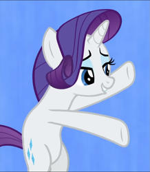 Size: 671x770 | Tagged: safe, screencap, character:rarity, species:pony, species:unicorn, episode:she's all yak, g4, my little pony: friendship is magic, bipedal, blue background, cropped, female, fit right in, lidded eyes, mare, simple background, solo, spread hooves