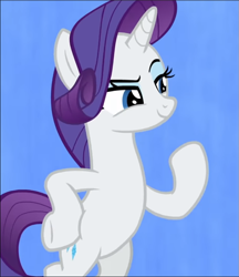 Size: 665x770 | Tagged: safe, screencap, character:rarity, species:pony, species:unicorn, episode:she's all yak, g4, my little pony: friendship is magic, bipedal, blue background, confident, cropped, eyeshadow, female, fit right in, hair flip, hoof on hip, looking at someone, makeup, mare, narrowed eyes, raised eyebrow, raised hoof, simple background, smiling, smirk, solo