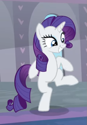 Size: 467x671 | Tagged: safe, screencap, character:rarity, species:pony, species:unicorn, episode:she's all yak, g4, my little pony: friendship is magic, bipedal, cropped, cute, dancing, excited, female, fit right in, grin, looking at someone, mare, raised leg, raribetes, smiling, solo, standing, standing on one leg
