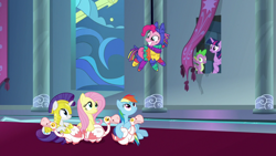 Size: 1920x1080 | Tagged: safe, screencap, character:fluttershy, character:pinkie pie, character:rainbow dash, character:rarity, character:spike, character:twilight sparkle, character:twilight sparkle (alicorn), species:alicorn, species:dragon, species:pegasus, species:pony, species:unicorn, episode:sparkle's seven, g4, my little pony: friendship is magic, animal, armorarity, female, goose, male, pinkñata, royal guard armor, royal guard rarity, winged spike