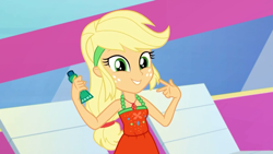 Size: 1920x1080 | Tagged: safe, screencap, character:applejack, episode:i'm on a yacht, g4, my little pony:equestria girls, beautiful, blonde, clothing, cute, dress, female, freckles, geode of super strength, hatless, jackabetes, looking at you, magical geodes, missing accessory, sleeveless, smiling, solo, sunscreen, swag