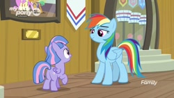 Size: 1280x720 | Tagged: safe, screencap, character:rainbow dash, character:wind sprint, species:pegasus, species:pony, episode:common ground, g4, my little pony: friendship is magic, auntie dashie, duo, female, filly, foal, lidded eyes, mare, raised hoof, underhoof