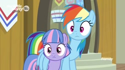 Size: 1280x720 | Tagged: safe, screencap, character:rainbow dash, character:wind sprint, species:pegasus, species:pony, episode:common ground, g4, my little pony: friendship is magic, auntie dashie, duo, female, filly, foal, mare, wide eyes