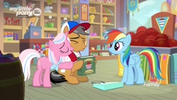 Size: 1280x720 | Tagged: safe, screencap, character:clear sky, character:quibble pants, character:rainbow dash, species:earth pony, species:pegasus, species:pony, species:unicorn, episode:common ground, g4, my little pony: friendship is magic, baseball cap, book, cap, clothing, female, floppy ears, hat, male, mare, nuzzling, scarf, shirt, stallion, trio