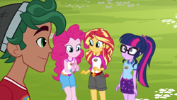 Size: 1920x1080 | Tagged: safe, screencap, character:pinkie pie, character:sunset shimmer, character:timber spruce, character:twilight sparkle, character:twilight sparkle (scitwi), species:eqg human, ship:timbertwi, equestria girls:legend of everfree, g4, my little pony:equestria girls, camp everfree logo, camp everfree outfits, female, male, shipping, shipping fuel, straight, youtube link