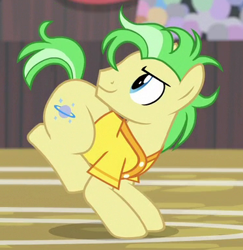 Size: 373x384 | Tagged: safe, screencap, species:earth pony, species:pony, episode:common ground, g4, my little pony: friendship is magic, background pony, buckball uniform, clothing, cropped, jersey, las pegasus resident, looking back, male, saturn (character), stallion