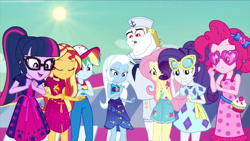 Size: 1280x720 | Tagged: safe, screencap, character:bulk biceps, character:fluttershy, character:pinkie pie, character:rainbow dash, character:rarity, character:sunset shimmer, character:trixie, character:twilight sparkle, character:twilight sparkle (scitwi), species:eqg human, episode:i'm on a yacht, g4, my little pony:equestria girls, clothing, dress, geode of empathy, geode of shielding, geode of sugar bombs, hat, magical geodes, out of context, sailor hat, sarong, schadenfreude