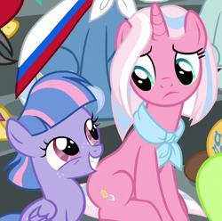 Size: 626x621 | Tagged: safe, screencap, character:caramel, character:clear sky, character:pokey pierce, character:wind sprint, species:pegasus, species:pony, species:unicorn, episode:common ground, g4, my little pony: friendship is magic, big smile, cropped, cute, female, filly, foal, like mother like daughter, looking at each other, mare, mother and daughter, neckerchief, sprintabetes, unsure
