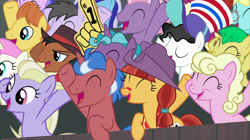 Size: 2100x1180 | Tagged: safe, screencap, character:horseshoe comet, character:jade spade, character:millie, character:minuette, character:rainbow swoop, character:sassaflash, character:sea swirl, character:spectrum, character:starry eyes, character:sweet buzz, character:twinkleshine, character:wintergreen, species:earth pony, species:pegasus, species:pony, species:unicorn, episode:common ground, g4, my little pony: friendship is magic, appleloosa resident, background pony, background pony audience, buddy, cheering, eyes closed, fans, female, final countdown, las pegasus resident, male, mare, mccree, rainbow swoop, spectrum, stallion, warm front