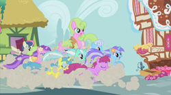 Size: 2100x1177 | Tagged: safe, screencap, character:amethyst star, character:berry punch, character:berryshine, character:bon bon, character:daisy, character:diamond mint, character:lemon hearts, character:linky, character:lyra heartstrings, character:shoeshine, character:sparkler, character:sweetie drops, species:earth pony, species:pony, species:unicorn, episode:the ticket master, g4, my little pony: friendship is magic, background pony, dust cloud, female, flower, flower in hair, mare, running, saddle, stampede, tack