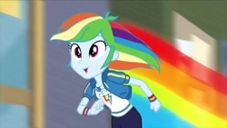 Size: 1280x720 | Tagged: safe, screencap, character:rainbow dash, episode:run to break free, g4, my little pony:equestria girls, clothing, happy, rainbow, running, smiling, solo