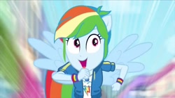Size: 1280x720 | Tagged: safe, screencap, character:rainbow dash, episode:run to break free, g4, my little pony:equestria girls, female, happy, ponied up, running, solo, wings