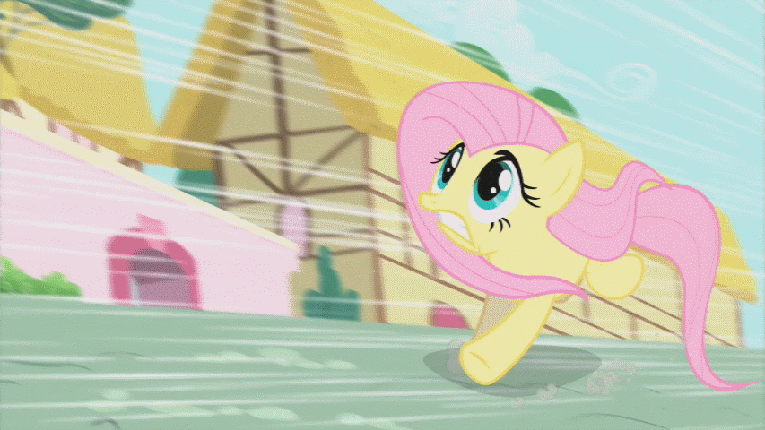Size: 853x480 | Tagged: safe, screencap, character:fluttershy, species:pegasus, species:pony, episode:a bird in the hoof, g4, my little pony: friendship is magic, animated, animation error, female, gif, gritted teeth, mare, running, solo, wingless, worried
