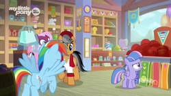 Size: 1920x1080 | Tagged: safe, screencap, character:clear sky, character:jasmine leaf, character:quibble pants, character:rainbow dash, character:wind sprint, species:earth pony, species:pegasus, species:pony, species:unicorn, episode:common ground, g4, my little pony: friendship is magic, all new, ball, clothing, discovery family logo, female, filly, flying, foal, gift shop, hat, magic, magic aura, male, mare, plot, stallion, store, telekinesis, text