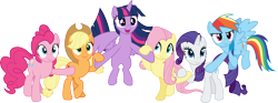 Size: 6000x2221 | Tagged: safe, artist:cloudyglow, screencap, character:applejack, character:fluttershy, character:pinkie pie, character:rainbow dash, character:rarity, character:twilight sparkle, character:twilight sparkle (alicorn), species:alicorn, species:earth pony, species:pegasus, species:pony, species:unicorn, episode:the beginning of the end, g4, my little pony: friendship is magic, absurd resolution, female, flying, holding hooves, mane six, mare, simple background, smiling, spread wings, transparent background, vector, wings