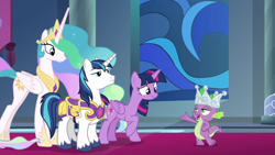 Size: 1920x1080 | Tagged: safe, screencap, character:princess celestia, character:shining armor, character:spike, character:twilight sparkle, character:twilight sparkle (alicorn), species:alicorn, species:pony, episode:sparkle's seven, g4, my little pony: friendship is magic, crown, hard-won helm of the sibling supreme