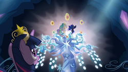 Size: 1280x720 | Tagged: safe, screencap, character:princess celestia, character:princess luna, character:tree of harmony, character:twilight sparkle, character:twilight sparkle (alicorn), species:alicorn, species:pony, episode:princess twilight sparkle, g4, my little pony: friendship is magic, big crown thingy, element of generosity, element of honesty, element of kindness, element of laughter, element of loyalty, element of magic, elements of harmony, jewelry, regalia, tree of harmony