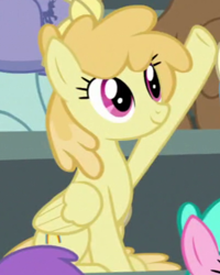 Size: 400x500 | Tagged: safe, screencap, character:toffee swirl, species:pegasus, species:pony, episode:the washouts, g4, my little pony: friendship is magic, background pony, cropped, female, mare, raised hoof, sitting, solo focus
