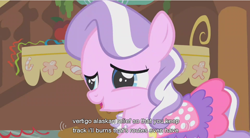 Size: 854x472 | Tagged: safe, screencap, character:diamond tiara, species:earth pony, species:pony, episode:call of the cutie, g4, my little pony: friendship is magic, clothing, dress, female, filly, solo, youtube caption