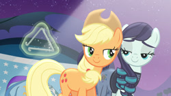 Size: 1920x1080 | Tagged: safe, screencap, character:applejack, character:coloratura, species:pony, episode:the mane attraction, g4, my little pony: friendship is magic, equestria my home, implied sweetie belle, levitation, lidded eyes, looking at each other, magic, out of context, rara, stage, sweetie belle's magic brings a great big smile, telekinesis, triangle