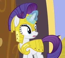 Size: 563x503 | Tagged: safe, screencap, character:rarity, species:pony, species:unicorn, episode:sparkle's seven, g4, my little pony: friendship is magic, armor, armorarity, cropped, cute, glowing horn, open mouth, raribetes, solo