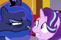 Size: 851x557 | Tagged: safe, screencap, character:princess luna, character:starlight glimmer, species:alicorn, species:pony, species:unicorn, episode:a royal problem, g4, my little pony: friendship is magic, bags under eyes, biting, cropped, female, lip bite, mare, tongue bite, tongue out