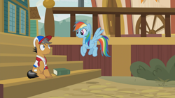 Size: 1920x1080 | Tagged: safe, screencap, character:quibble pants, character:rainbow dash, species:earth pony, species:pegasus, species:pony, episode:common ground, g4, my little pony: friendship is magic, animation error, appleloosa, book, cap, clothing, duo, female, hat, male, mare, stallion, towel