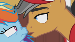 Size: 1920x1080 | Tagged: safe, screencap, character:quibble pants, character:rainbow dash, species:earth pony, species:pegasus, species:pony, episode:common ground, g4, my little pony: friendship is magic, boop, imminent kissing, looking at each other, noseboop, out of context, sweat
