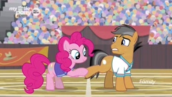 Size: 1280x720 | Tagged: safe, screencap, character:pinkie pie, character:quibble pants, species:earth pony, species:pony, episode:common ground, g4, my little pony: friendship is magic, clothing, crowd, duo, female, hoof hold, male, mare, shirt, stallion