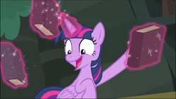 Size: 1369x771 | Tagged: safe, screencap, character:twilight sparkle, character:twilight sparkle (alicorn), species:alicorn, species:pony, equestria girls:forgotten friendship, g4, my little pony:equestria girls, book, cropped, excited, glowing horn, levitation, magic, open mouth, solo, telekinesis, wide eyes