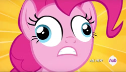 Size: 1997x1140 | Tagged: safe, screencap, character:pinkie pie, species:earth pony, species:pony, episode:filli vanilli, g4, my little pony: friendship is magic, crazy face, derp, faec, female, hub logo, solo, sunburst background