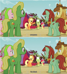Size: 500x550 | Tagged: safe, screencap, character:apple bloom, character:applejack, character:braeburn, character:candy apples, character:granny smith, character:red gala, character:wensley, episode:apple family reunion, g4, my little pony: friendship is magic, blatant lies, racist barn, youtube caption