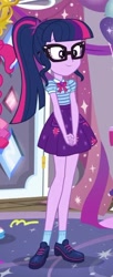 Size: 251x613 | Tagged: safe, screencap, character:pinkie pie, character:twilight sparkle, character:twilight sparkle (scitwi), species:eqg human, episode:fomo, g4, my little pony:equestria girls, clothing, cropped, cute, female, geode of telekinesis, glasses, legs, magical geodes, offscreen character, ponytail, shoes, skirt, smiling, socks