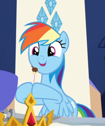 Size: 415x499 | Tagged: safe, screencap, character:rainbow dash, species:pegasus, species:pony, equestria girls:spring breakdown, g4, my little pony:equestria girls, cropped, cute, dashabetes, equestria girls ponified, female, fondue, holding, hoof hold, mare, open mouth, ponified, smiling